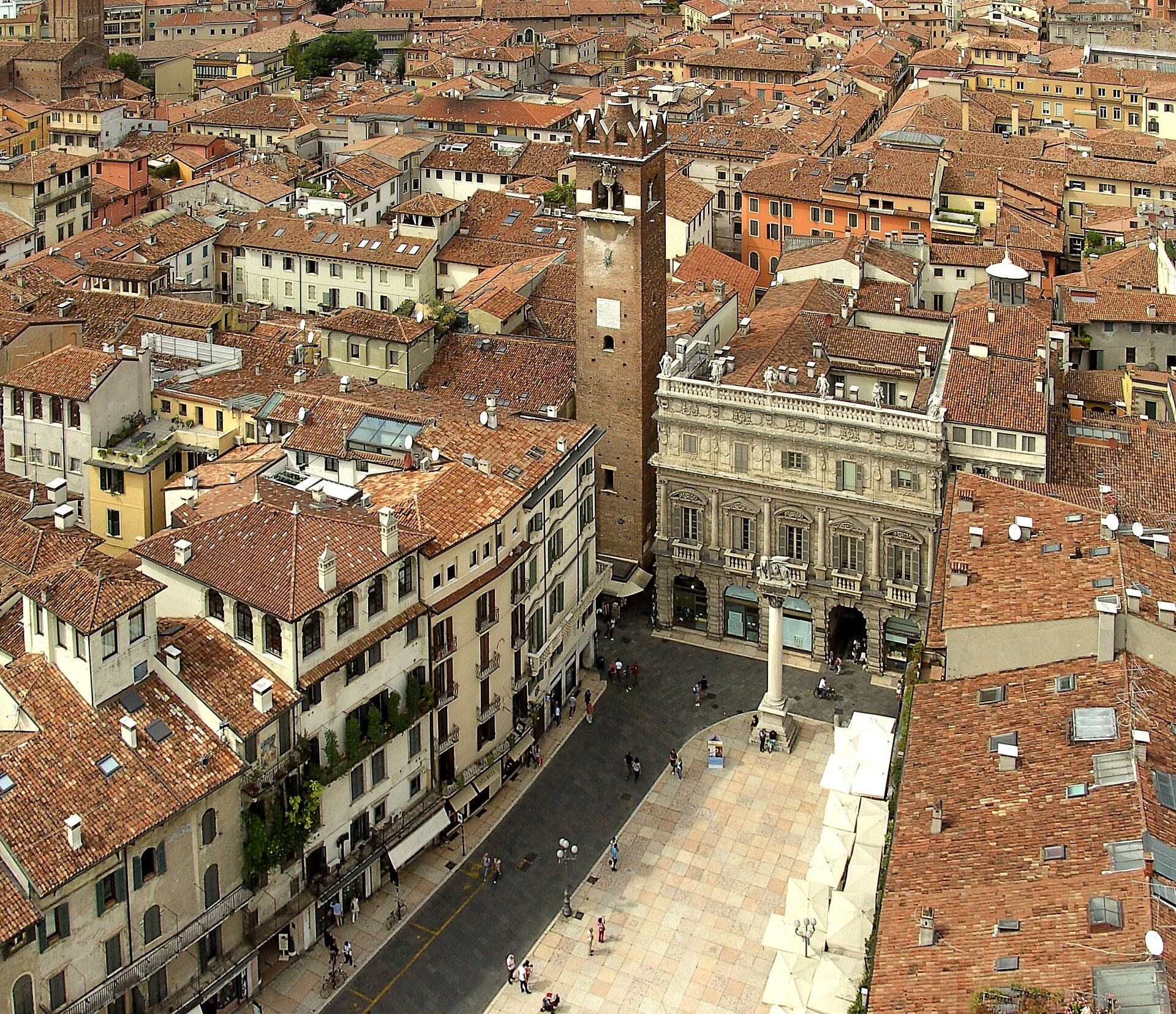 Piazza delle Erbe in Verona seen from the Lamberti tower